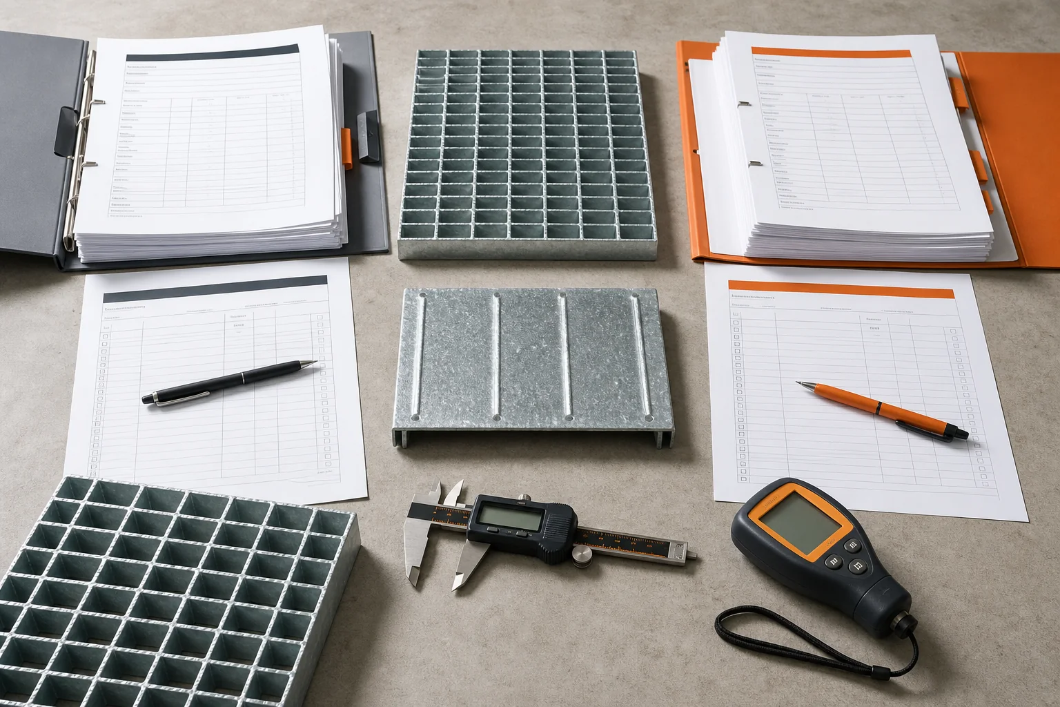 Two steel grating quotation files reviewed with samples and inspection tools