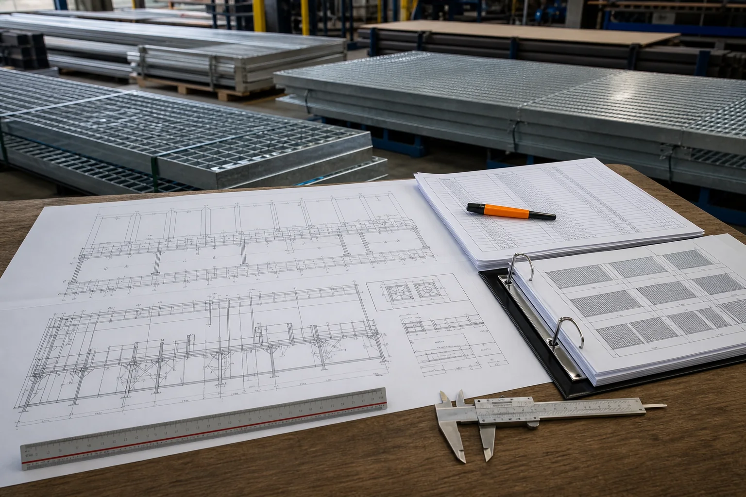 Platform drawings and a steel grating bill of materials reviewed beside fabricated panels