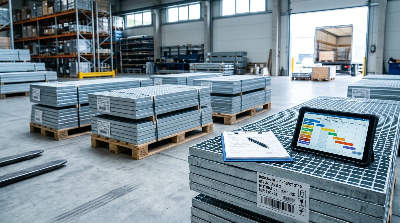 Steel grating panels prepared for export packing and shipment