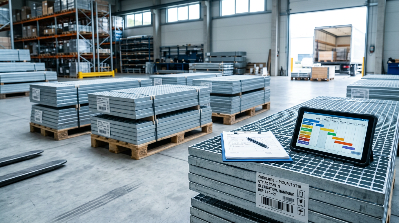 Steel grating panels staged for export packing and shipment planning