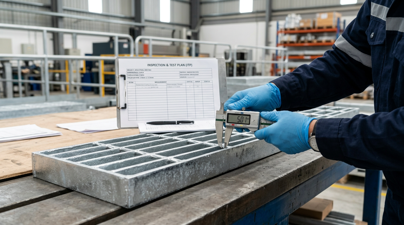 Inspector reviewing steel grating panels with measurement and documentation