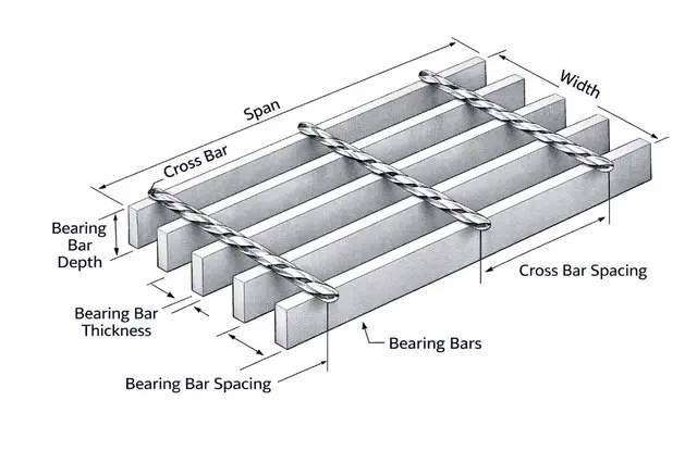 Welded steel grating bearing bar and cross bar arrangement