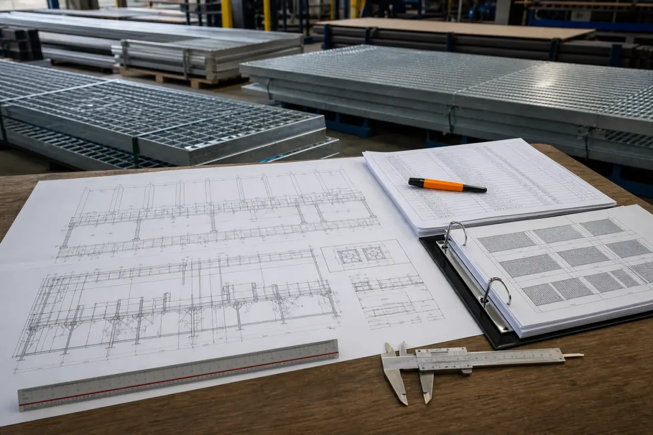 Platform drawings and a steel grating bill of materials reviewed beside fabricated panels