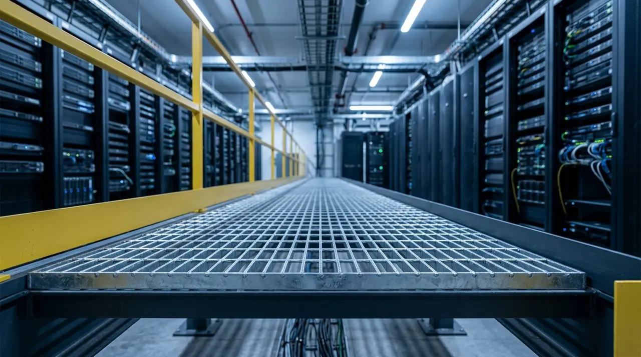 Data center service corridor with steel grating