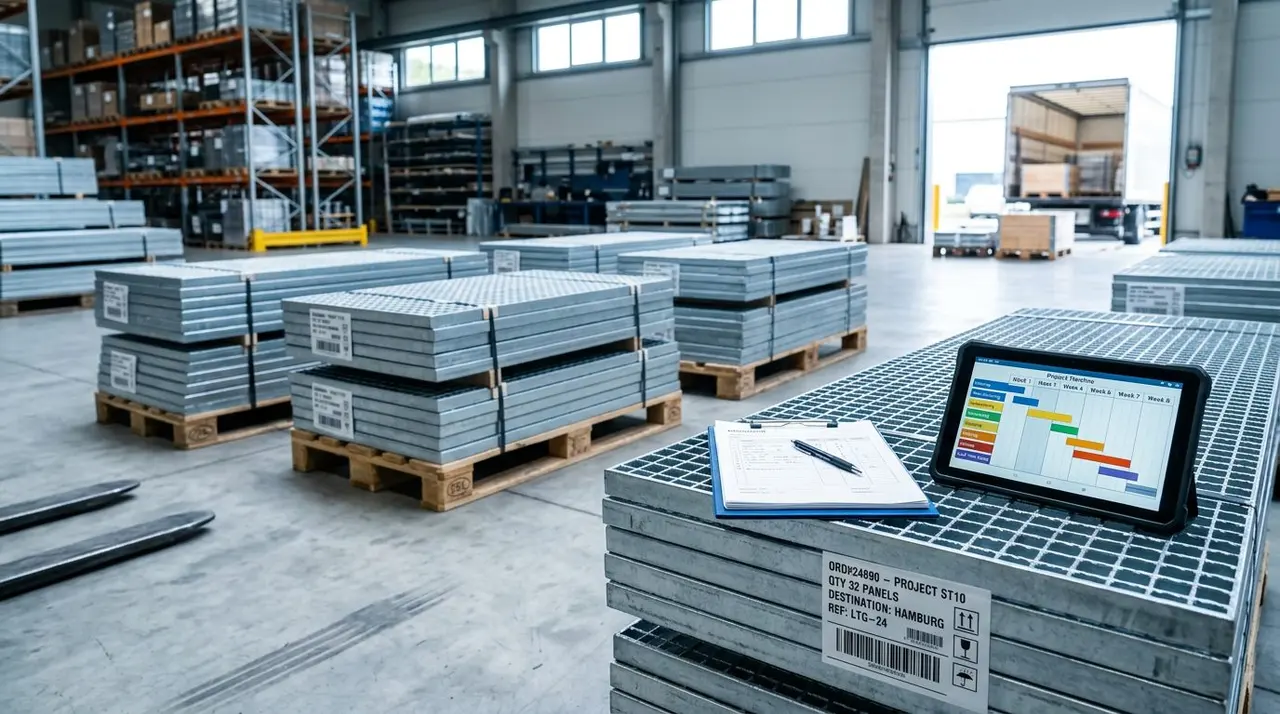 Steel grating panels prepared for export packing and shipment