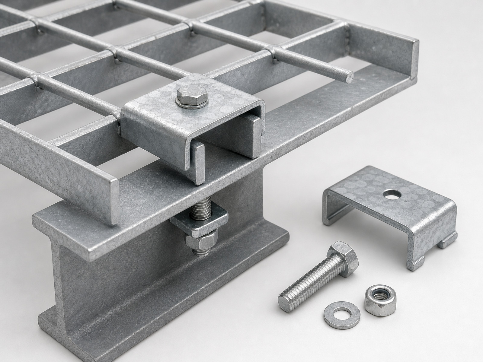 Galvanized saddle clips for grating panels