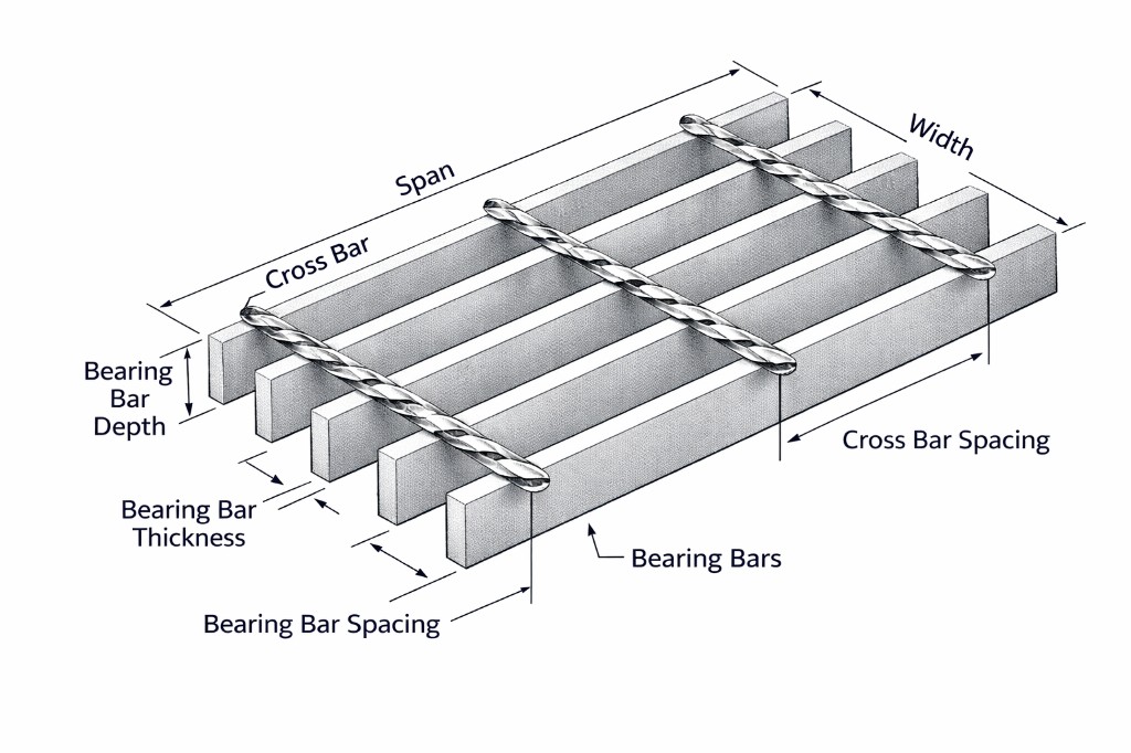 Welded steel bar grating structure diagram showing bearing bars, cross bars, span, width, bar depth, bar thickness, and spacing dimensions