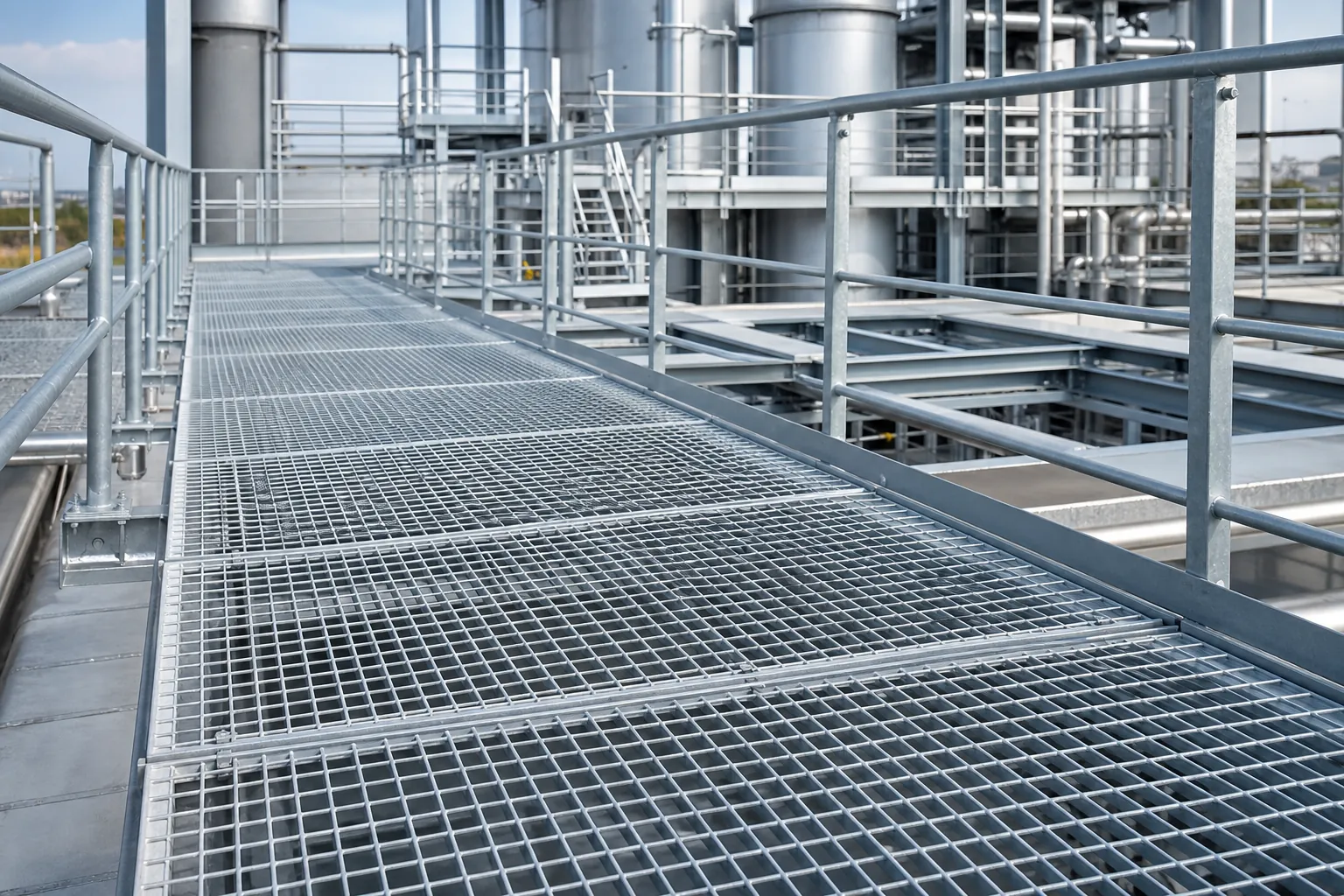 Self-closing safety gate on an industrial platform