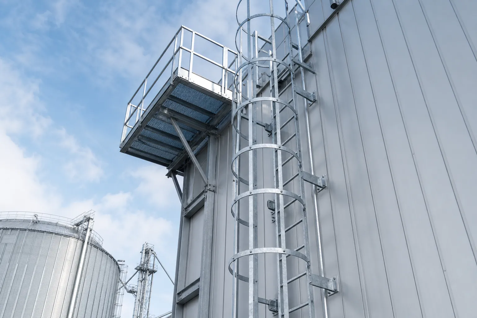 Galvanized fixed steel ladder with a safety cage and landing platform