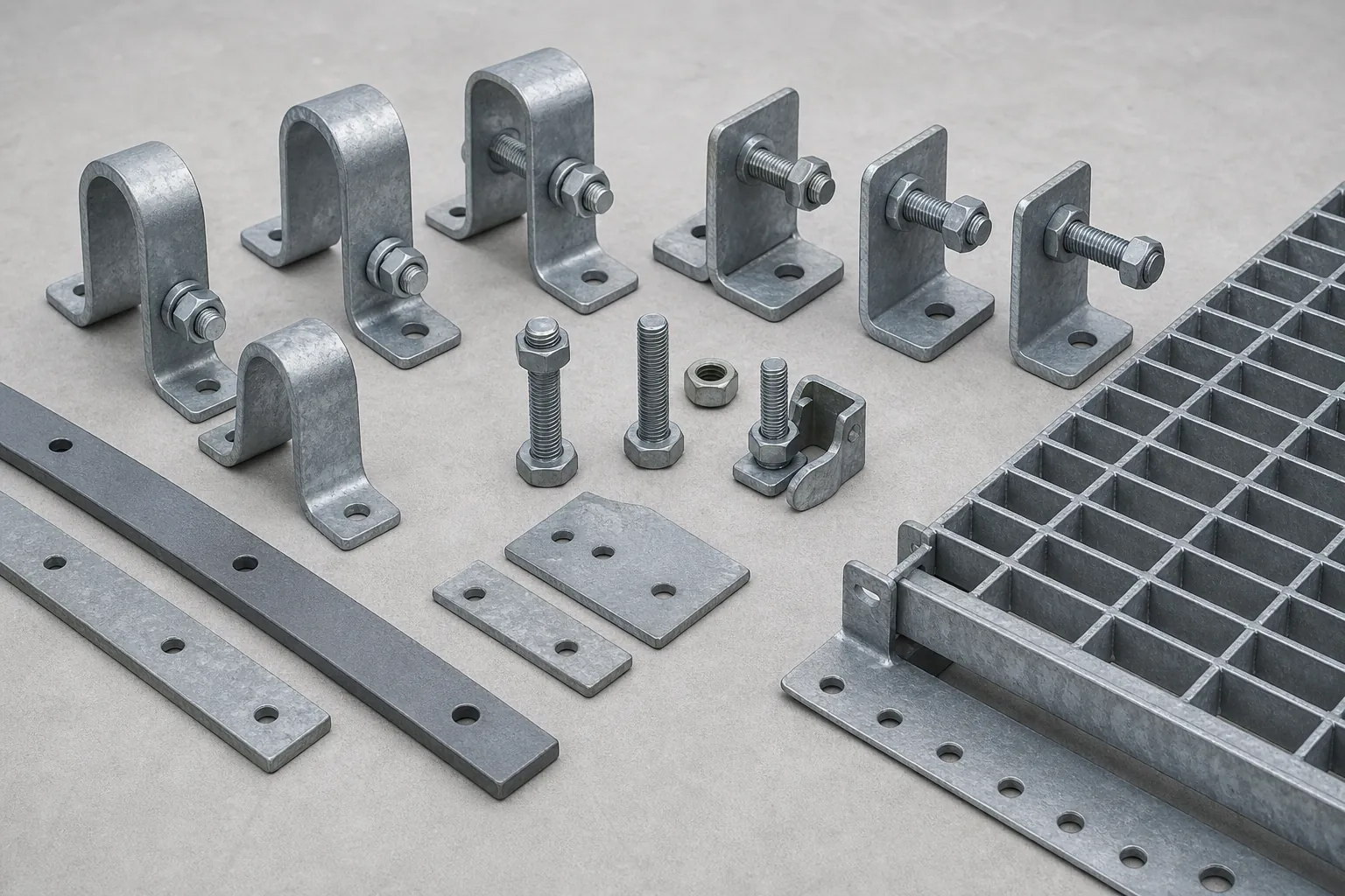 Steel grating clips, bolts and installation accessories