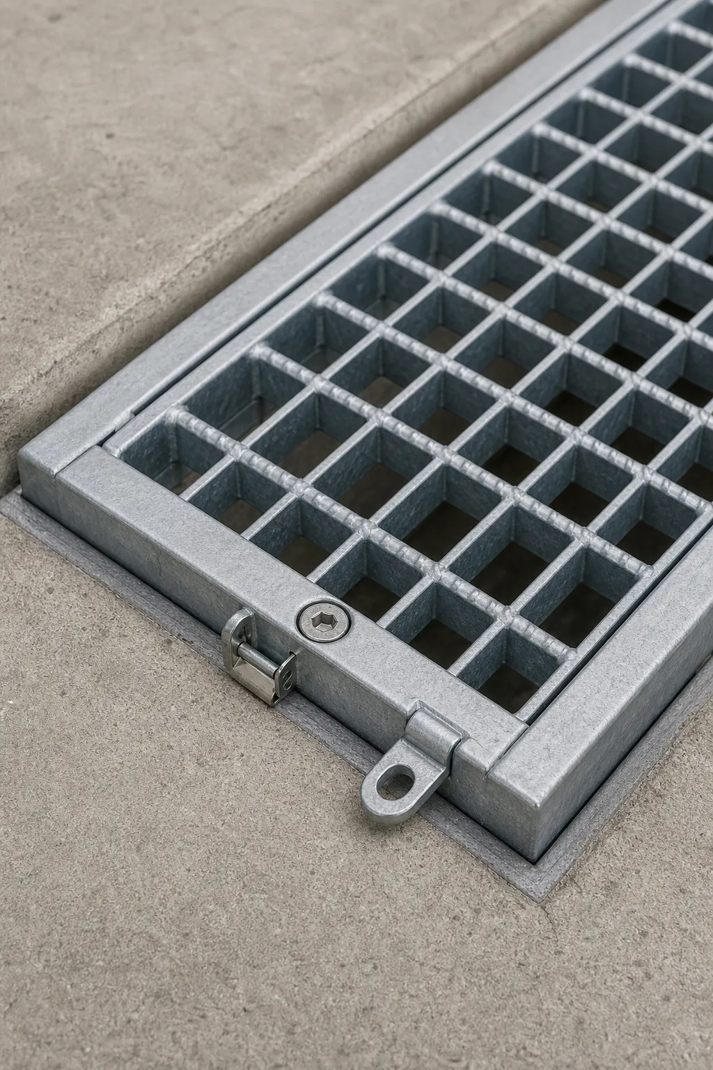 Locking hardware on a removable galvanized trench cover