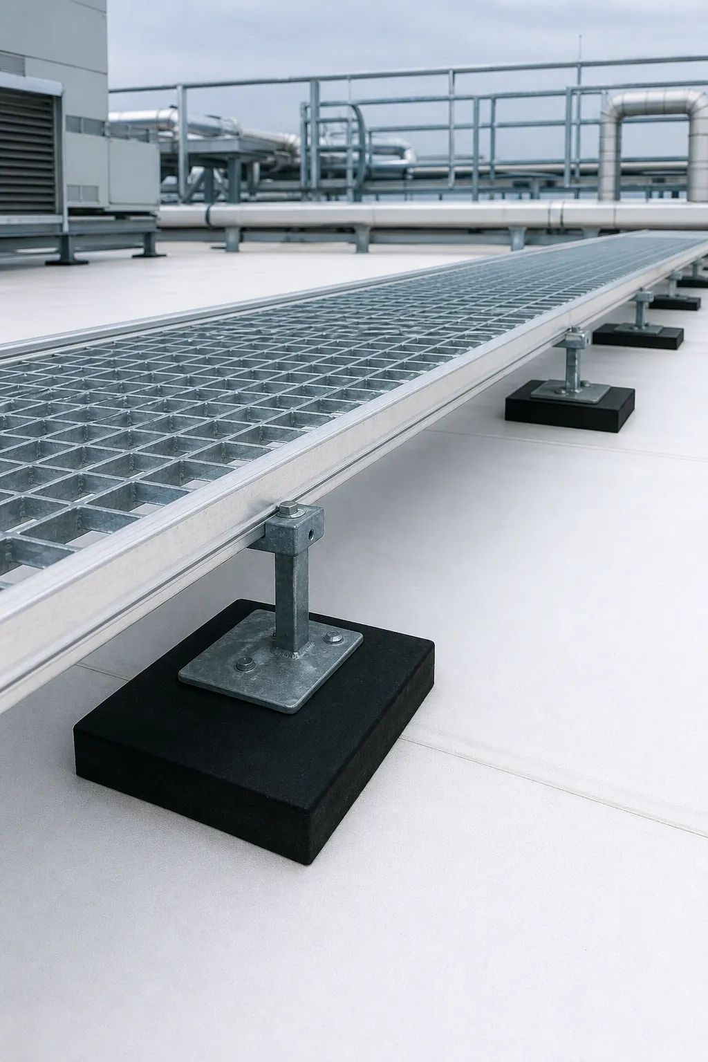 EPDM rooftop support pads beneath a raised grating walkway