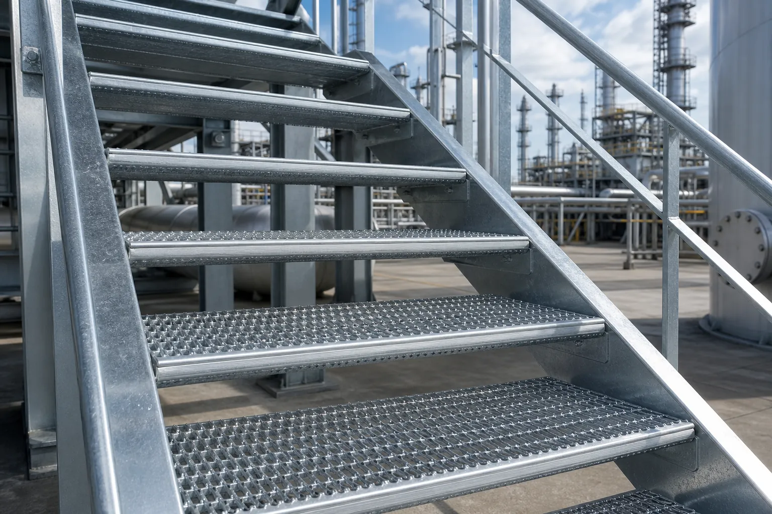 Industrial steel stair landing with grating infill