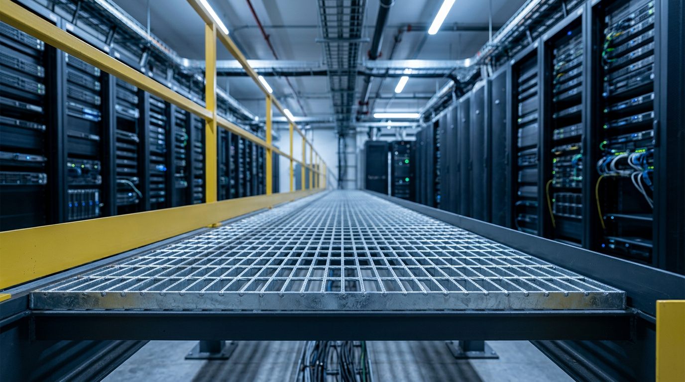 Galvanized steel bar grating walkway in a data center service corridor