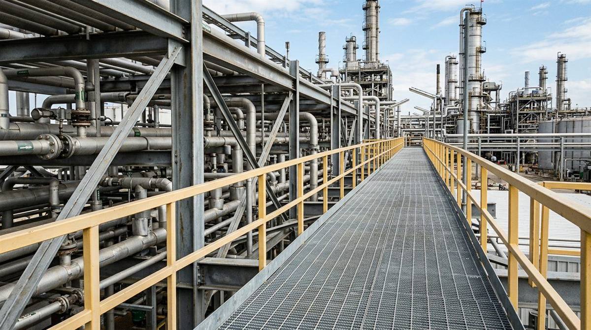 Steel grating walkway on an oil and gas pipe rack