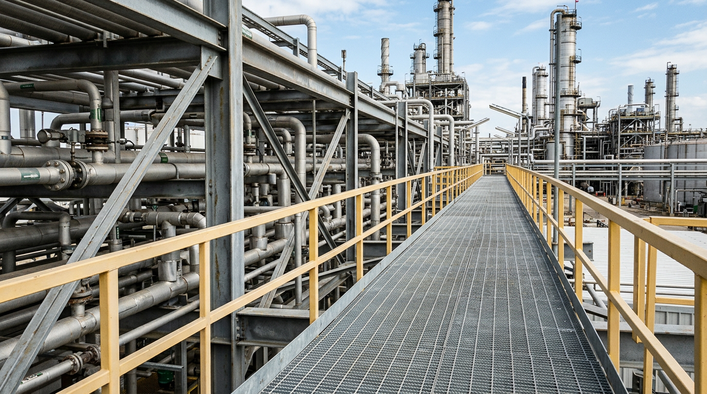 Steel grating walkway on an oil and gas pipe rack