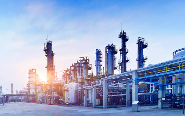 Chemical and petrochemical plant with steel grating platforms and walkways